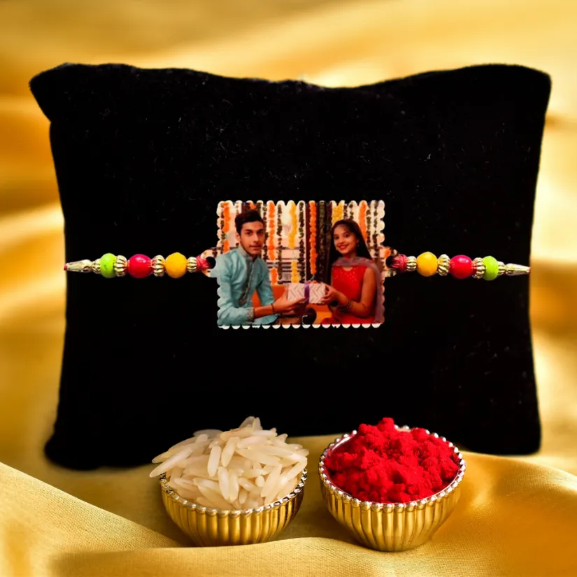Personalized Photo Rakhi for Brother – Custom Picture Rakhi with Colorful Beads | Handmade Raksha Bandhan Gift pack of 2