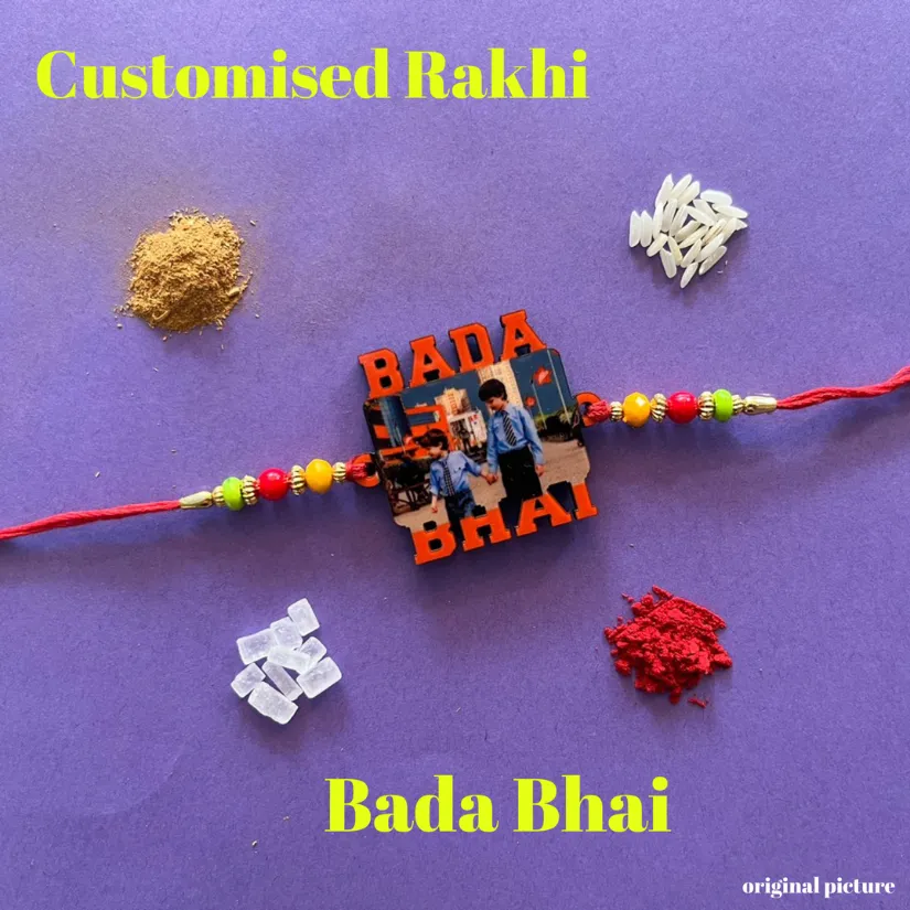 Personalized Photo Rakhi for Brother – Custom Picture Rakhi with Colorful Beads | Handmade Raksha Bandhan Gift pack of 1
