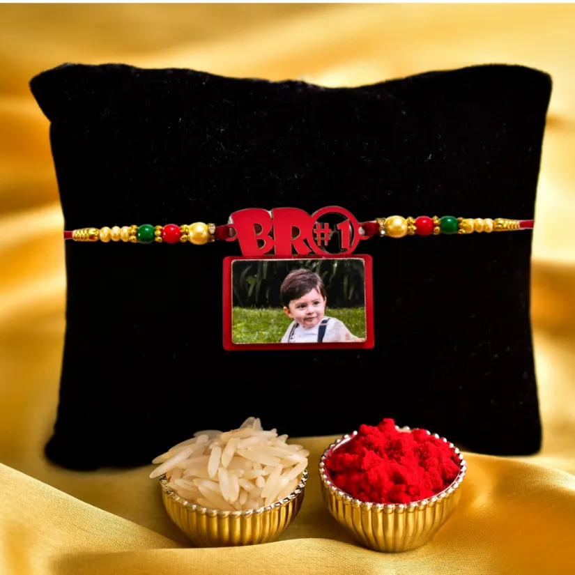 Personalized Photo Rakhi for Brother – Custom Picture Rakhi with Colorful Beads | Handmade Raksha Bandhan Gift pack of 1