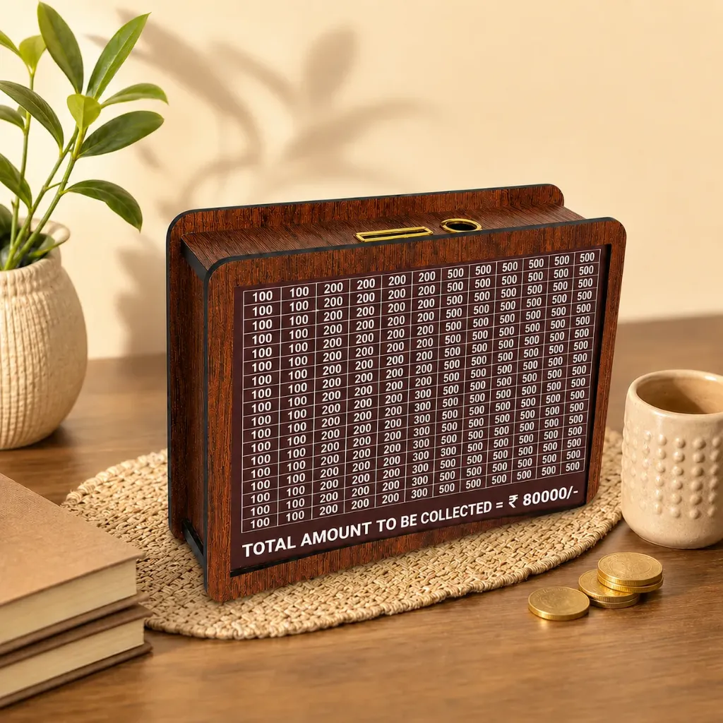 Apnatohfa Wooden Savings Challenge Piggy Bank – ₹80,000 Goal Money Saving Challenge Piggy Bank for Adults & Kids