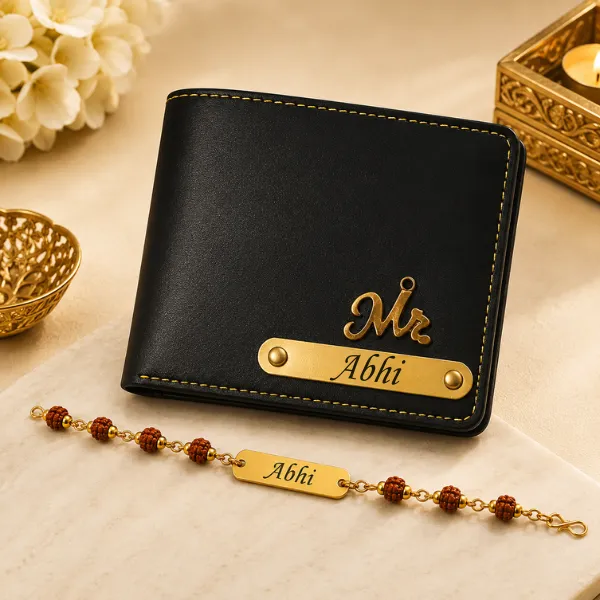 Apnatohfa Personalized Wallet & Rudraksha Rakhi Bracelet Gift Set for Brother | Custom Name Engraved Black Wallet