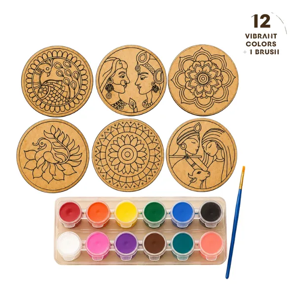 Apnatohfa DIY MDF Painting Cutout Kit – Pack of 6 Round MDF Art & Craft Boards with 12 Colors & 1 Brush | 6 x 6 Inch | 4mm Thick