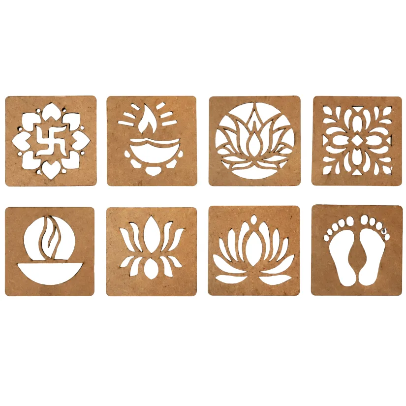 Rangoli Stencil Pack of 8 for Diwali Decoration | Reusable MDF Rangoli Templates for Floor Art, Pooja & DIY Craft Designs