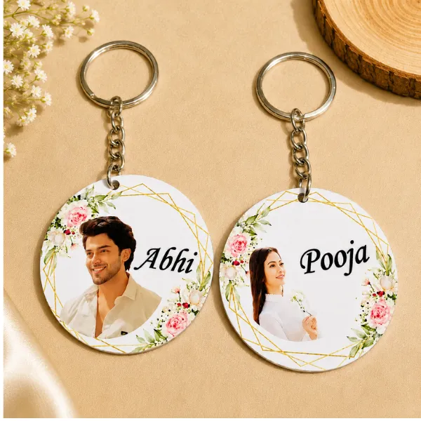 Personalized MDF Photo Keychain with Custom Name & Picture – 3mm Thick Round Key Ring Gift set of 2
