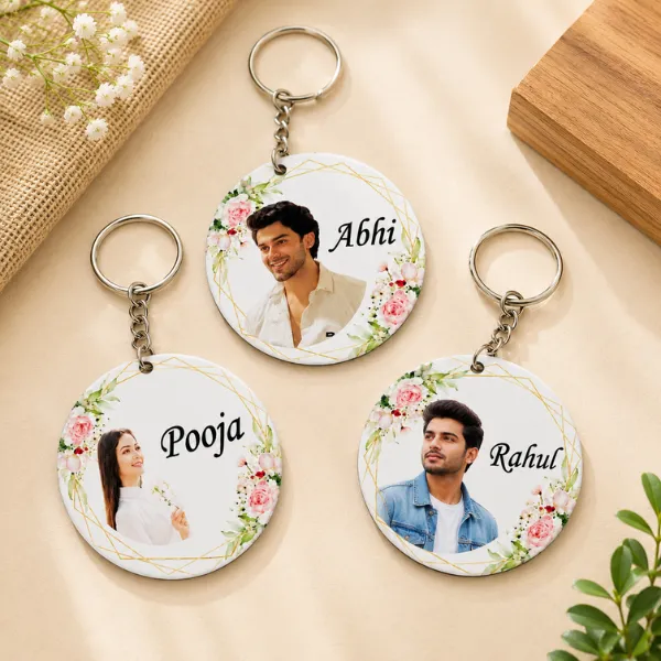 Personalized MDF Photo Keychain with Custom Name & Picture – 3mm Thick Round Key Ring Gift set of 3